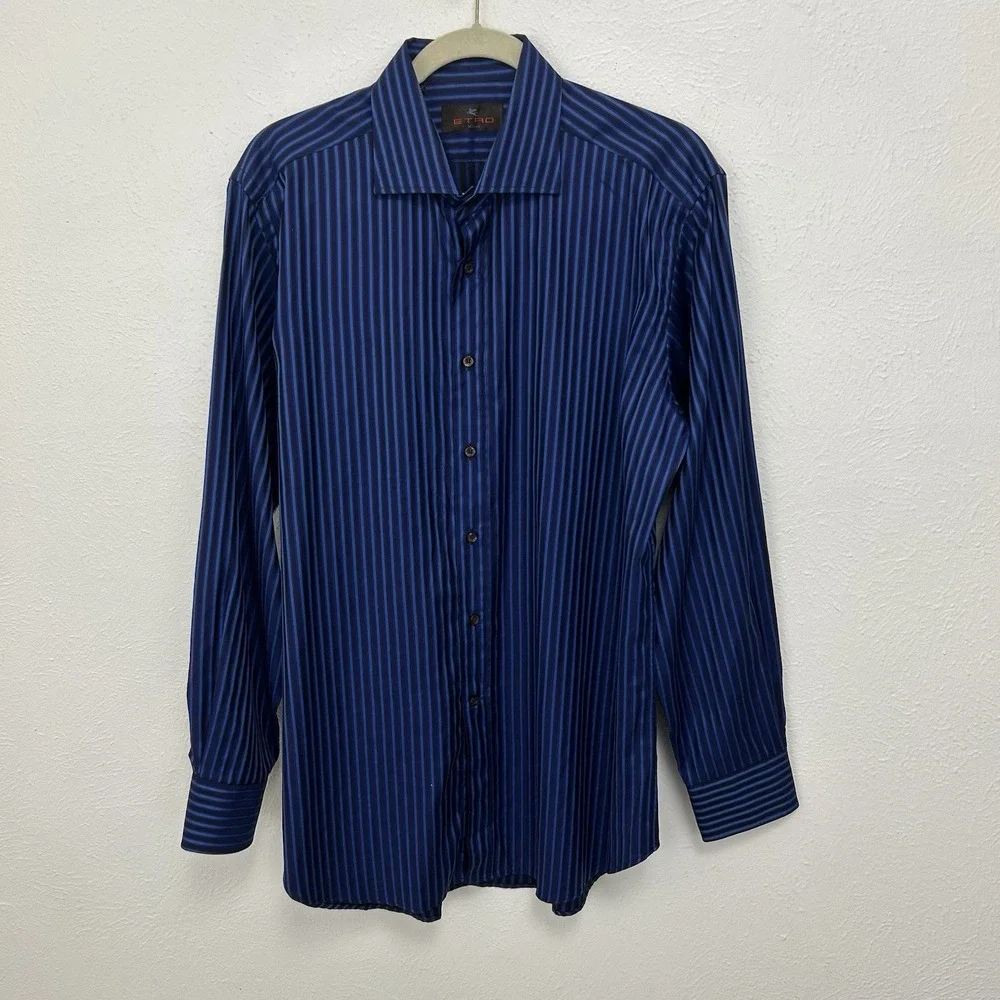 ETRO Long Sleeve Striped Button Shirt Cotton Blue Black Made In Italy Size 42